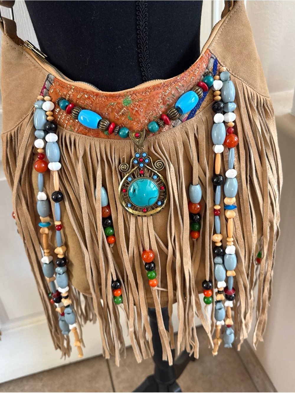 Holy Cow Boho Turquoise Fringe Shoulder Bag with Beaded Accents